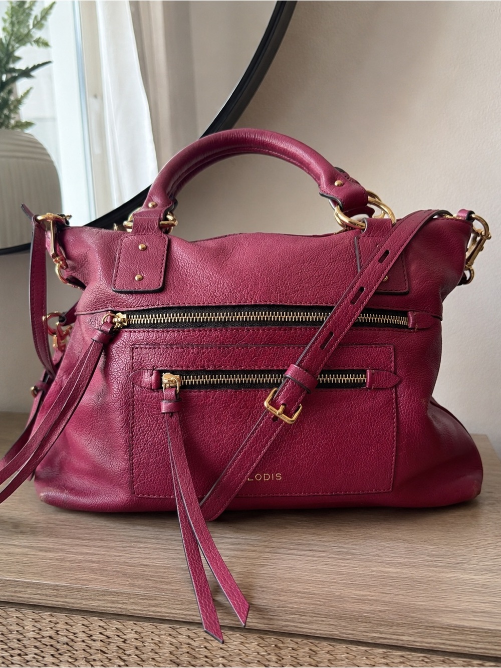 Lodis Bryant Satchel Pebbled Leather Handbag Wine Mulberry Gold Tone Purse